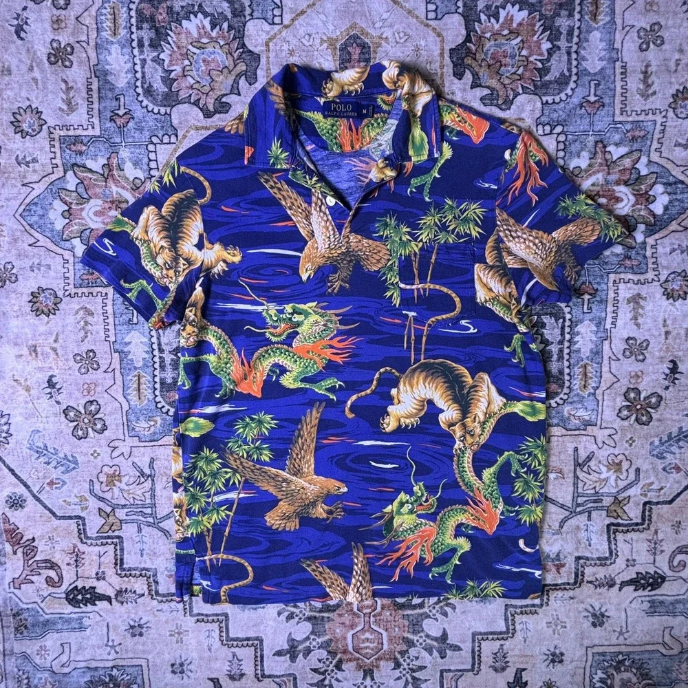 Polo Ralph Lauren Mens Blue Tiger Dragon Eagle Japanese Print Shirt Medium 2014